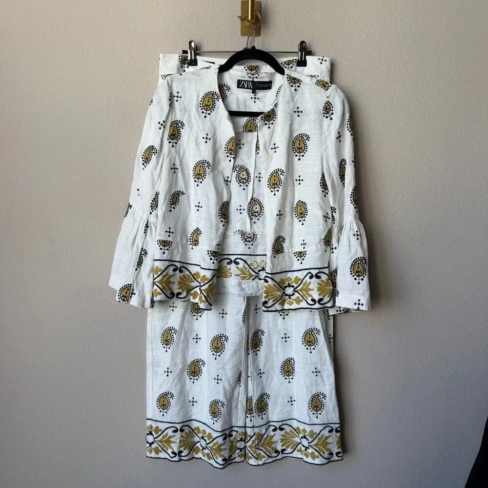 ZARA White Paisley Embroidered Linen Blend Matching Set